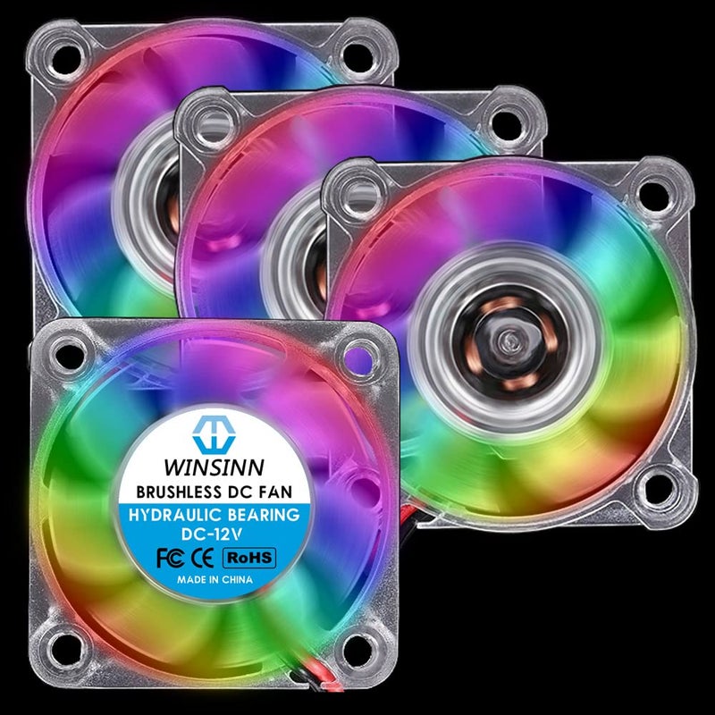 WINSINN 40mm RGB Fan 12V, LED Colorful 3D Printer Micro 12 Volt Fans 4010 Hydraulic Bearing, Brushless Cooling 40mmx10mm 2PIN (Pack of 4Pcs) - Image 1